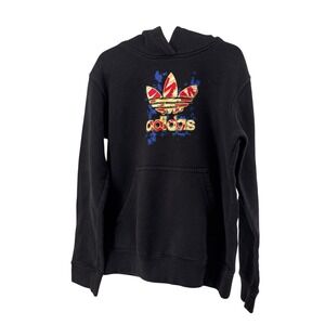 Adidas Kids Black Graphic Trefoil Hoodie Pullover Sweatshirt Size 9 10 Youth